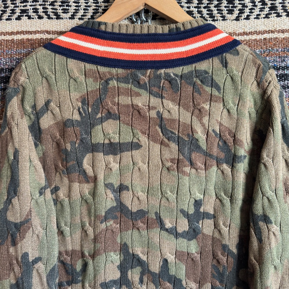 Polo Ralph Lauren V-Neck Cable Knit Sweater Medium Green Camo Tiger Patch - Picture 10 of 10